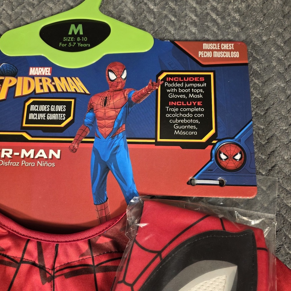 Spider-Man Costume Boys M 8-10 Marvel Muscle Chest Mask Gloves Rubies 2021 New - Picture 4 of 8